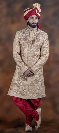 Gold color Sherwani in Jacquard fabric with Cut Dana, Embroidered, Thread, Zari work : 1785657