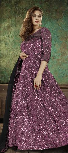 Festive, Mehendi Sangeet, Party Wear Purple and Violet color Salwar Kameez in Net fabric with Anarkali Sequence work : 1785844