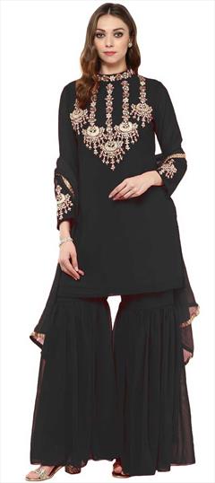 Festive, Mehendi Sangeet, Party Wear Black and Grey color Salwar Kameez in Georgette fabric with Sharara Embroidered, Sequence, Thread, Zari work : 1785892