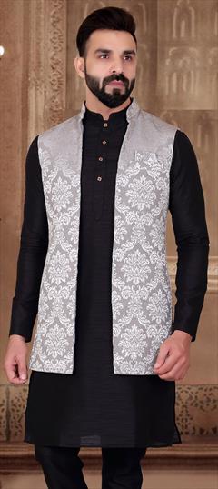 Black and Grey color Nehru Jacket in Brocade fabric with Weaving work : 1785952