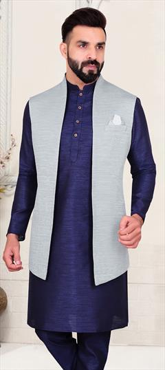 Black and Grey color Nehru Jacket in Brocade fabric with Weaving work : 1785958