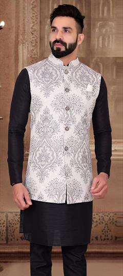Black and Grey color Nehru Jacket in Brocade fabric with Weaving work : 1785960