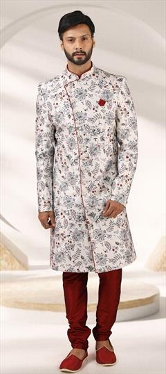 White and Off White color Sherwani in Banarasi Silk fabric with Floral, Printed work : 1786045