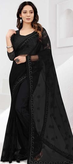 Festive, Party Wear Black and Grey color Saree in Net fabric with Classic Embroidered, Stone, Thread, Zari work : 1786046