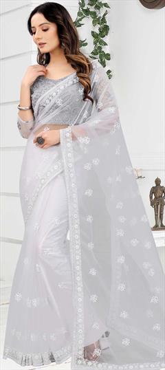 Festive, Party Wear White and Off White color Saree in Net fabric with Classic Embroidered, Resham, Stone, Zari work : 1786048