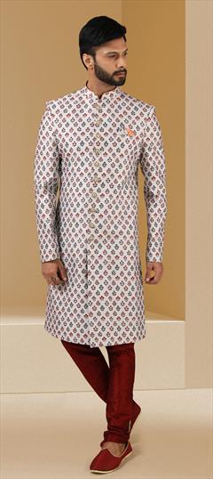 White and Off White color Sherwani in Banarasi Silk fabric with Floral, Printed work : 1786049