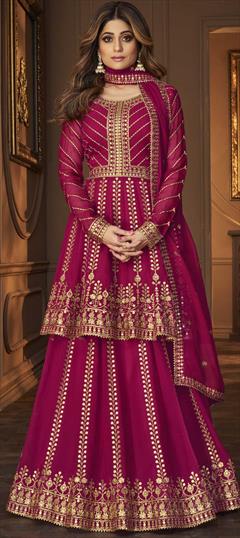 Bollywood Pink and Majenta color Long Lehenga Choli in Georgette fabric with Embroidered, Sequence, Thread work : 1786185