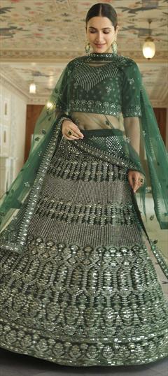 Festive, Mehendi Sangeet, Wedding Green color Lehenga in Net fabric with A Line Embroidered, Mirror work : 1786291