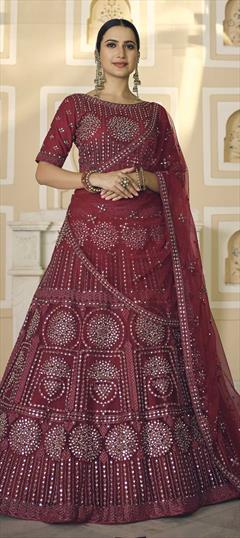 Festive, Mehendi Sangeet, Wedding Red and Maroon color Lehenga in Net fabric with A Line Embroidered, Mirror work : 1786292