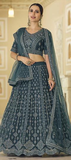 Festive, Mehendi Sangeet, Wedding Blue color Lehenga in Net fabric with A Line Embroidered, Mirror work : 1786293