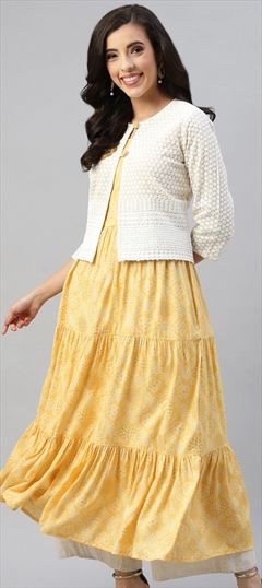 Festive, Party Wear Yellow color Kurti in Rayon fabric with Anarkali Embroidered, Foil Print work : 1786354