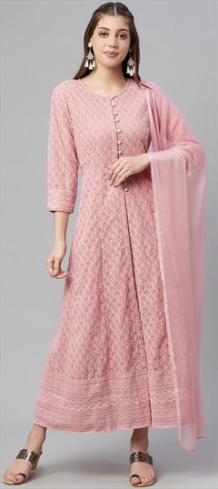 Festive, Party Wear Pink and Majenta color Kurti in Cotton fabric with Anarkali Embroidered work : 1786355