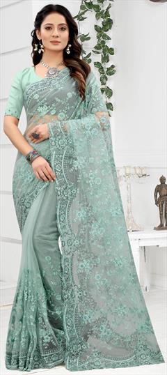 Festive, Party Wear, Wedding Blue color Saree in Net fabric with Classic Embroidered, Resham, Zari work : 1786382