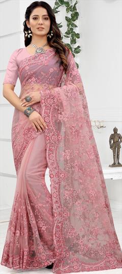 Festive, Party Wear, Wedding Pink and Majenta color Saree in Net fabric with Classic Embroidered, Resham, Zari work : 1786383