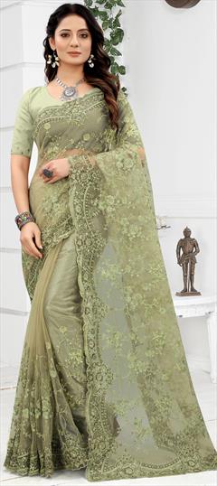 Festive, Party Wear, Wedding Green color Saree in Net fabric with Classic Embroidered, Resham, Zari work : 1786384