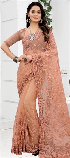 Festive, Party Wear, Wedding Pink and Majenta color Saree in Net fabric with Classic Embroidered, Resham, Zari work : 1786385