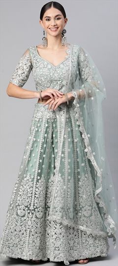 Bridal, Wedding Green color Lehenga in Net fabric with A Line Embroidered, Sequence, Thread work : 1786514