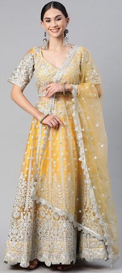 Bridal, Wedding Yellow color Lehenga in Net fabric with A Line Embroidered, Sequence, Thread work : 1786517