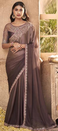 Festive, Party Wear, Wedding Beige and Brown color Saree in Chiffon fabric with Classic Embroidered, Resham, Sequence, Thread work : 1786546