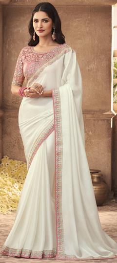 Designer, Party Wear White and Off White color Saree in Georgette fabric with Classic Embroidered, Resham, Sequence, Stone, Thread work : 1786550