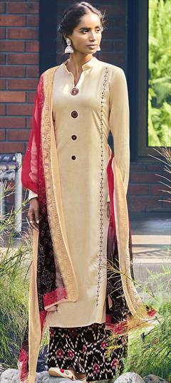 Engagement, Festive, Party Wear Beige and Brown color Salwar Kameez in Satin Silk fabric with Palazzo Embroidered, Resham, Thread work : 1786679