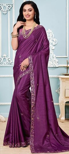 Traditional Purple and Violet color Saree in Art Silk, Silk fabric with South Embroidered, Resham, Thread work : 1786737