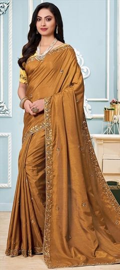 Traditional Beige and Brown color Saree in Art Silk, Silk fabric with South Embroidered, Resham, Thread work : 1786738