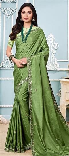 Traditional Green color Saree in Art Silk, Silk fabric with South Embroidered, Resham, Thread work : 1786739