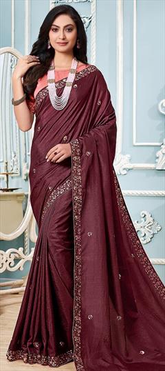 Traditional Red and Maroon color Saree in Art Silk, Silk fabric with South Embroidered, Resham, Thread work : 1786740