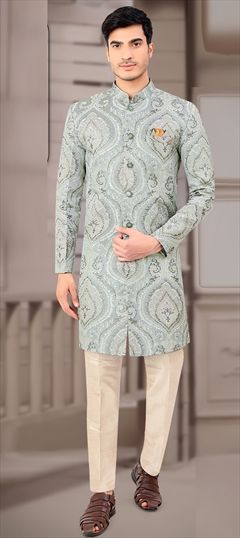 Green color IndoWestern Dress in Jacquard fabric with Weaving work : 1786844