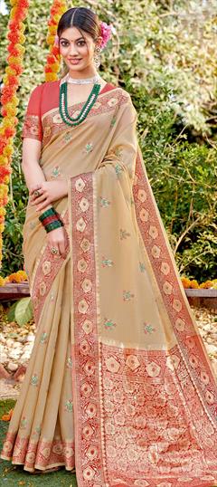 Traditional Beige and Brown color Saree in Cotton fabric with Bengali Weaving work : 1786847