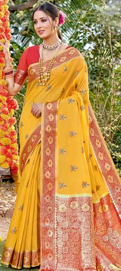 Traditional Yellow color Saree in Cotton fabric with Bengali Weaving work : 1786852