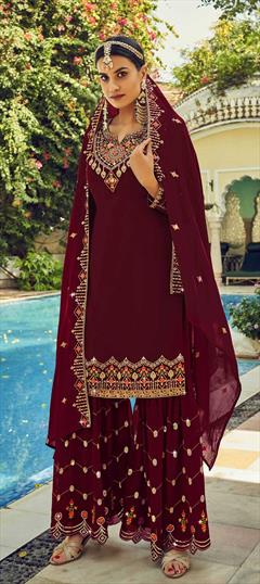 Bollywood Red and Maroon color Salwar Kameez in Georgette fabric with Sharara Embroidered, Resham, Stone, Thread, Zari work : 1787114