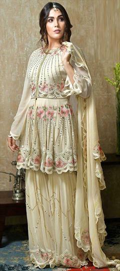 Festive, Mehendi Sangeet Beige and Brown color Salwar Kameez in Georgette fabric with Pakistani, Palazzo Embroidered, Mirror, Resham, Thread work : 1787481