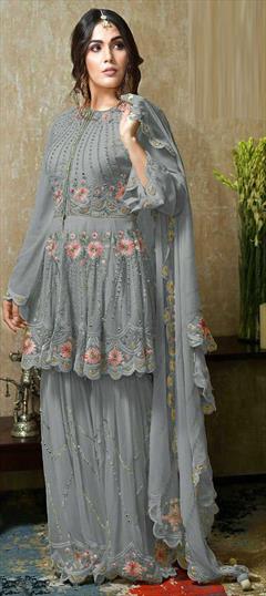 Festive, Mehendi Sangeet Black and Grey color Salwar Kameez in Georgette fabric with Pakistani, Palazzo Embroidered, Mirror, Resham, Thread work : 1787483