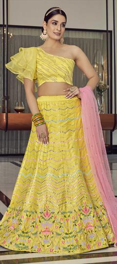 Bridal, Wedding Yellow color Lehenga in Art Silk fabric with A Line Foil Print, Mirror, Thread work : 1787641