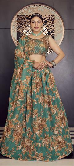 Bridal, Wedding Green color Lehenga in Organza Silk fabric with A Line Printed, Sequence, Thread work : 1787657