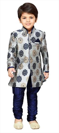 Casual Black and Grey color Boys Sherwani in Silk cotton fabric with Printed work : 1787690
