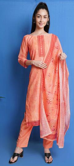 Casual, Party Wear Orange color Salwar Kameez in Chanderi Silk fabric with Palazzo Digital Print, Sequence work : 1787885