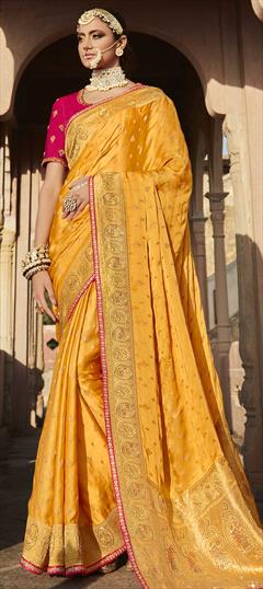 Traditional, Wedding Yellow color Saree in Satin Silk, Silk fabric with South Cut Dana, Thread, Weaving, Zari work : 1788066