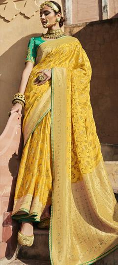 Traditional, Wedding Yellow color Saree in Satin Silk, Silk fabric with South Bugle Beads, Lace, Moti, Thread, Weaving work : 1788075