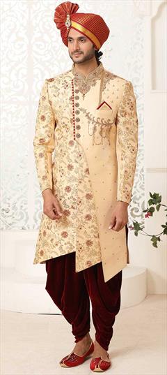 Gold color Sherwani in Silk fabric with Bugle Beads, Patch, Stone, Thread, Weaving work : 1788161