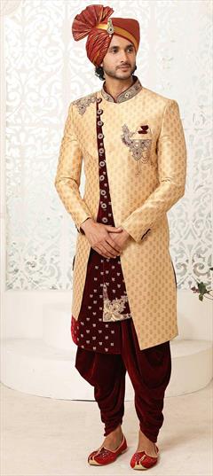 Gold color Sherwani in Brocade fabric with Bugle Beads, Patch, Stone, Thread, Weaving work : 1788163