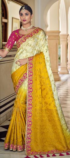 Traditional, Wedding White and Off White, Yellow color Saree in Banarasi Silk, Silk fabric with South Weaving work : 1788216