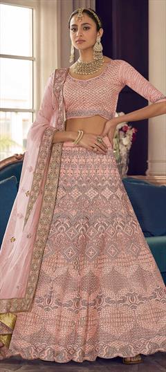 Bridal, Wedding Pink and Majenta color Lehenga in Crepe Silk fabric with A Line Thread, Zari, Zircon work : 1788258