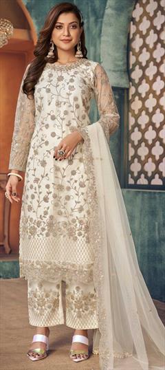 Festive, Party Wear White and Off White color Salwar Kameez in Net fabric with Straight Sequence, Thread work : 1788325