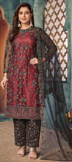 Festive, Party Wear Black and Grey color Salwar Kameez in Net fabric with Straight Sequence, Thread work : 1788330