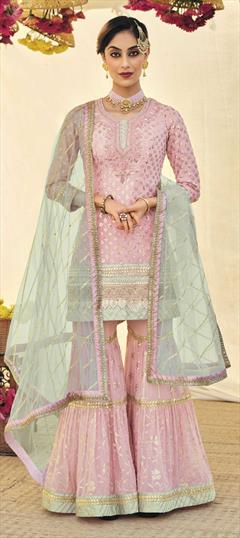 Designer, Eid, Festive, Party Wear Pink and Majenta color Salwar Kameez in Faux Georgette fabric with Sharara Embroidered, Resham, Stone, Thread work : 1788338