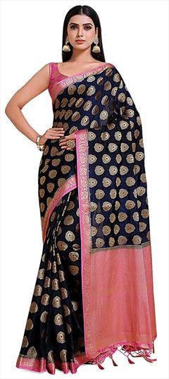 Traditional Black and Grey, Blue color Saree in Kanchipuram Silk, Silk fabric with South Zari work : 1788397