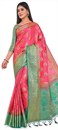 Traditional, Wedding Pink and Majenta color Saree in Kanchipuram Silk, Silk fabric with South Zari work : 1788398